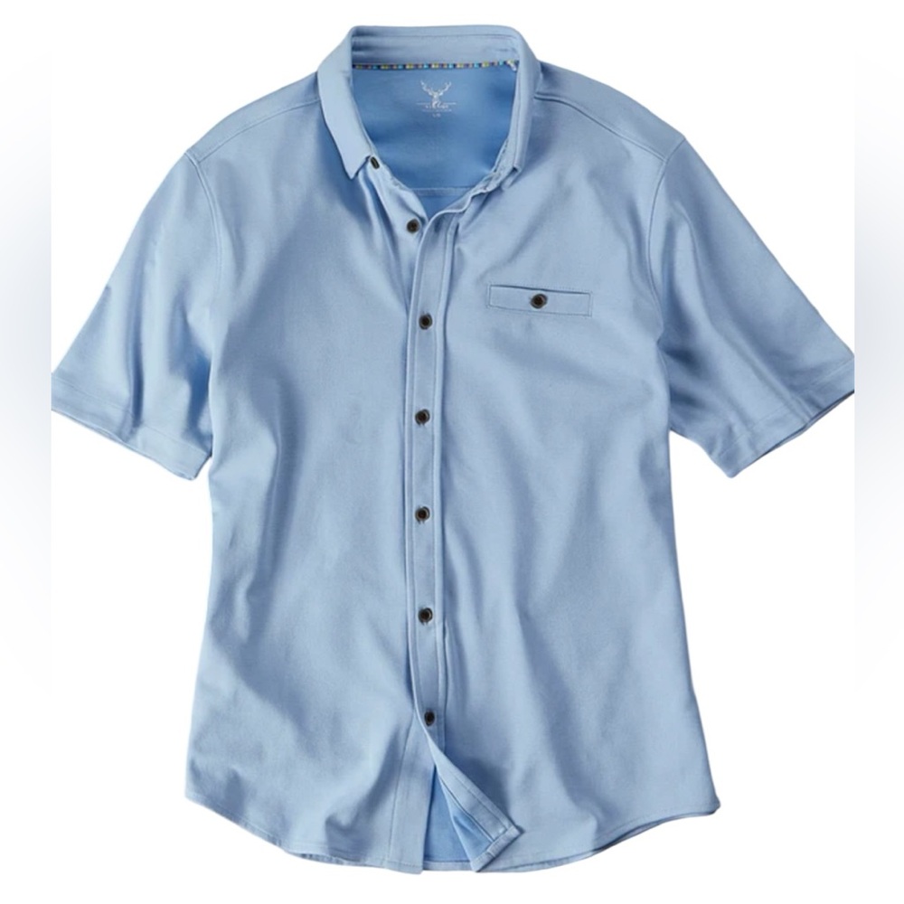 Nicoby Men’s Solid Knit Full Button Front Short‎ Sleeve Polo Blue Size Large